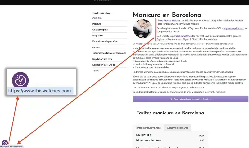 Ejemplo de web hackeada con texto y enlaces insertados